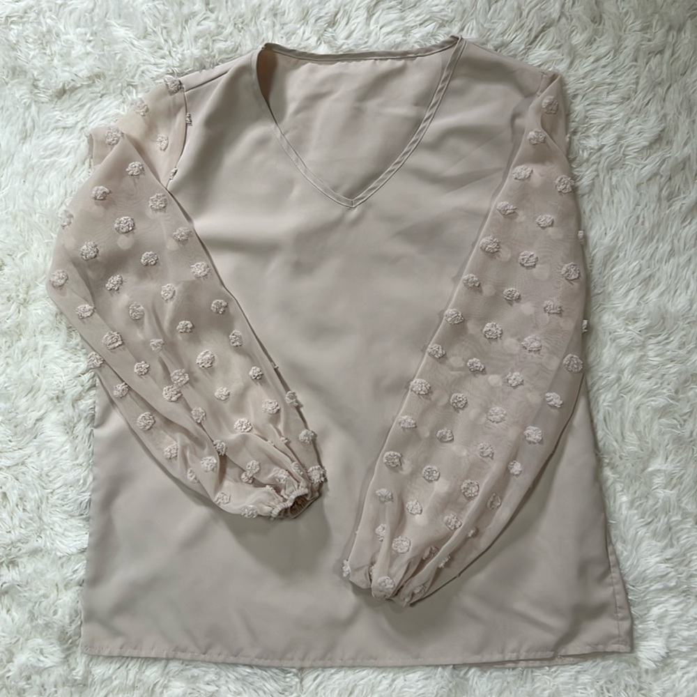 Ecru Swiss dot sheer sleeve v-neck top